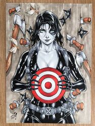 1girls axe black_bodysuit black_hair blue_eyes bodysuit breasts domino_(marvel) female female_focus female_only junior_maia knife looking_at_viewer marvel marvel_comics neena_thurman short_hair shuriken smirk smirking smirking_at_viewer solo solo_female voluptuous x-force x-men