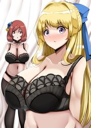 2girls ariadoa_(kono_yuusha_ga_ore_tueee_kuse_ni_shinchou_sugiru) astraea_(atelierastraea) big_breasts bimbo blush bra breast_size_difference breasts female female_only hands_behind_back huge_breasts kono_yuusha_ga_ore_tueee_kuse_ni_shinchou_sugiru large_breasts long_hair multiple_girls panties purple_eyes ristarte_(kono_yuusha_ga_ore_tueee_kuse_ni_shinchou_sugiru) short_hair yellow_hair