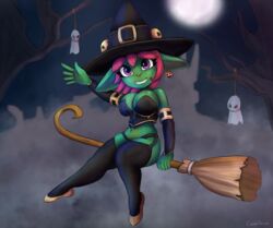 big_breasts broom clothed cranihum female gloves goblin goblin_female green_skin halloween halloween_costume purple_eyes red_hair shortstack spooky thighhighs thighs waving witch witch_hat