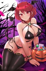 1girls 2:3 bag bare_shoulders bat_wings belly big_breasts black_bra black_nails black_panties black_tail black_thighhighs black_wings blush bra breasts candy choker cleavage clothing condom detailed_background digital_media_(artwork) earrings eyebrows_visible_through_hair eyelashes female female_only fence full_moon hair hair_ornament halloween halloween_costume head_wings hi_res horns kaos_art lace-trimmed_panties large_breasts latex legs_together letter light-skinned_female light_skin lingerie looking_at_viewer markings monster_girl nail_polish navel night nintendo nipple_bulge outdoors outside panties pyra red_eyes red_hair red_horns shiny_skin short_hair sitting smile smiling smiling_at_viewer succubus tail thick_thighs thighhighs thighs thorns tight_clothing tree watermark wide_hips wings wristband xenoblade_(series) xenoblade_chronicles_2