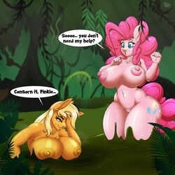 1:1 2021 5_fingers absurd_res anthro applejack_(mlp) areola big_breasts breasts cutie_mark dialogue digital_media_(artwork) duo english_text equid equine eyebrows eyelashes facepalm female fingers forest friendship_is_magic genitals hair hasbro hi_res huge_breasts mammal mud my_little_pony navel nipples nude pinkie_pie_(mlp) plant pussy quicksand sinking straight_hair swamp tatemil text thick_thighs tree wavy_mouth wide_hips