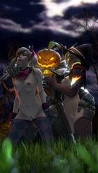 3d 4k black_cat_d.va d.va exposed_breasts exposed_nipples exposed_pussy halloween highres mercy overwatch pumpkin_reaper reaper sex toasted_microwave witch_hat witch_mercy