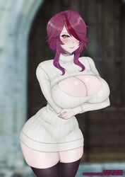 1girls blush breasts cleavage cleavage_cutout cryptid_crab embarrassed genshin_impact hair_over_one_eye hourglass_figure huge_breasts looking_at_viewer medium_hair purple_eyes purple_hair rosaria_(genshin_impact) skindentation solo sweater thick_thighs thighhighs wide_hips