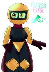 armor black_skin breasts breasts_out cape dark_skin eyes female gildedguy gildedguy_(character) gloves gold_(metal) green_sclera hyuns_dojo no_background pen red_cape rule_63 skin text topless topless_female writing yellow_eyes