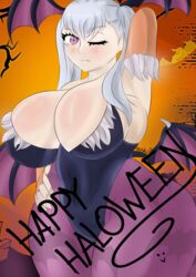 1girls alternate_breast_size armpits big_breasts black_clover chillchili clothing cosplay darkstalkers female female_only halloween hand_on_hip huge_breasts large_breasts morrigan_aensland_(cosplay) noelle_silva silver_hair solo text thick thick_thighs twintails