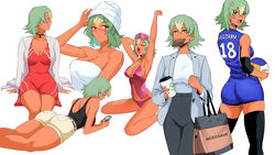 1girls alternate_costume anger_vein angry ass bag bare_shoulders black_legwear black_pants breasts camisole cellphone cleavage collarbone cup dark-skinned_female dark_skin disposable_cup dress english_commentary female fire_emblem fire_emblem_heroes food food_in_mouth gradient_hair green_hair grey_jacket hair_between_eyes highres jacket laegjarn_(fire_emblem) large_breasts looking_back lying mask mask_on_head meziosaur moize_opel mouth_hold multicolored_hair multiple_views naked_towel nintendo on_stomach open_clothes open_jacket open_mouth orange_hair panties pants phone purple_camisole purple_panties red_dress red_eyes shirt shopping_bag short_dress shouting sitting sleep_mask smartphone sportswear tank_top thighhighs toast toast_in_mouth towel towel_on_head two-tone_hair underwear volleyball volleyball_uniform wet white_background white_jacket white_shirt yawning