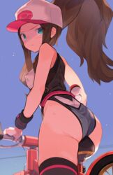 1girls ass belt bicycle blue_eyes breasts brown_hair clothing eye_contact female hat headwear hilda_(pokemon) human legwear leotard long_hair looking_at_viewer nintendo nipple_bulge pale_skin pokemon pokemon_bw sideboob solo spring2013 thick_thighs thighs tight_clothing wristwear