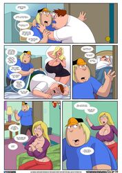 1boy 1girls 5_panel_comic arabatos black_dress blonde_hair blue_shirt breasts busty chris_griffin cleavage clothing comic connie_d'amico dialogue ear_piercing earrings family_guy father_and_son female hips hourglass_figure hyper_breasts lana_lockhart legs light-skinned_female light-skinned_male light_skin lips lipstick long_hair male nipple_bulge page_18 page_number peter_griffin piercing purple_shirt red_pants short_hair speech_bubble straight thick thick_legs thick_thighs thighs ventzcomics ventzx voluptuous white_shirt wide_hips