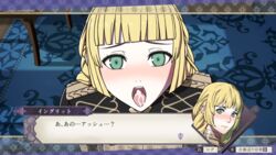 1boy 1girls after_fellatio after_oral ashe_ubert bangs blonde_hair cum cum_in_mouth cum_on_tongue fellatio female_focus fire_emblem fire_emblem:_three_houses garreg_mach_monastery_uniform green_eyes indoors ingrid_brandl_galatea japanese_text looking_at_viewer nalu_(artist) nintendo open_mouth oral pov text text_box