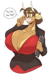 1girls anthro big_breasts bovine brown_eyes brown_fur cleavage clothing cow_ears cow_horns cow_print dialogue english_text eyebrows_visible_through_hair female female_only glasses hi_res horns looking_away molly_(slightlysimian) office_lady slightlysimian solo solo_female speech_bubble tight_clothing upper_body white_background yellow_eyebrows