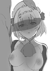 1male blush braid breasts cant_see_the_haters embarrassed eyebrows_visible_through_hair female flower genshin_impact hair_flower hair_ornament hand_on_head high_resolution looking_at_penis looking_at_viewer maid maid_headdress meme nipples noelle_(genshin_impact) penis penis_awe penis_on_face rose single_braid sweat tied_hair very_high_resolution yodareane