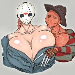 bald blastorman blush burn_scar claws cleavage closed_eyes clothed clothing erect_nipples flirting freddy_krueger friday_the_13th genderswap_(mtf) gigantic_breasts gloves hat hockey_mask huge_breasts huge_nipples jason_voorhees jumpsuit mask muscular muscular_female nightmare_on_elm_street rule_63 sharp_claws shiny_skin small_dom_big_sub stripes sweater teasing unzipped unzipping zipper