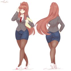 1girls ass blue_skirt brown_hair business_suit clothed clothed_female doki_doki_literature_club female female_only glasses green_eyes grey_jacket heels jacket lewddoodler long_hair long_thighhighs monika_(doki_doki_literature_club) multiple_views nerd nerdy_female skirt solo solo_female suit tagme thighhighs tight_clothing white_background