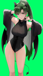 1girls absurdres alternate_costume black_jacket black_leotard breasts closed_mouth demon_girl demon_horns demon_tail demon_wings earrings female fire_emblem fire_emblem:_the_blazing_blade frown green_background green_eyes green_hair halloween halloween_costume hands_up highres horns jacket jewelry large_breasts leotard long_hair looking_at_viewer lyn_(fire_emblem) lyndis_(fire_emblem) nintendo ormille ponytail simple_background solo succubus sweater tail turtleneck very_long_hair wings