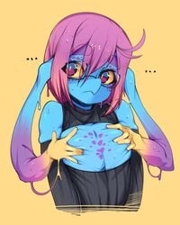 ... blue_skin boob_window breasts cteno female flat_chest glasses original pink_hair slugbox unusual_anatomy