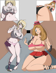 2girls akamatsu_kaede alternate_breast_size ass ass_cleavage ass_crack ass_expansion bra breast_expansion breast_grab breasts bursting_breasts butt_crack cleavage comic danganronpa female female_only giantess growth huge_ass huge_breasts multiple_girls nintendo pokemon pokemon_xy sequence serena_(pokemon) smooth_skin thick_thighs torn_clothes wardrobe_malfunction wariza wide_hips zorodnatsu