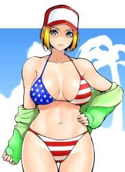 1girls american_flag_bikini anagumasan baseball_cap bikini blonde_hair blue_eyes blue_mary blue_sky breasts cowboy_shot day fatal_fury flag_print green_jacket hand_on_own_hip hat highres jacket king_of_fighters large_breasts looking_at_viewer navel pink_lips short_hair sky smile snk solo standing swimsuit