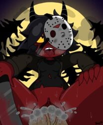 ahe_gao black_hair blood cosplay costume cum cum_in_pussy cum_inside demon demon_girl demon_horns friday_the_13th halloween helluva_boss hockey_mask horns huge_cock imp jason_voorhees lewdtoonyguy machete mask millie_(helluva_boss) moon penetration penis pussy red_skin sweat tongue tongue_out yellow_eyes