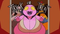 animated avian bird breasts brittle_(plaga) canary chipper_(plaga) cleavage female fur gravelin halloween halloween_costume huge_breasts mole_rat original original_character original_characters pecky_(plaga) plaga scalie text thick_thighs wide_hips