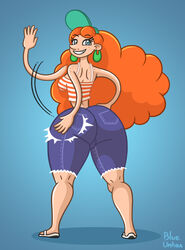 ass big_ass blue_eyes blueumbra bottom_heavy cap clothing disney earrings eyelashes female freckles ginger huge_butt inner_workings jeans kate_(inner_workings) large_ass long_nose looking_at_viewer sandals signature slapping slapping_butt small_breasts smiling solo thighs watermark