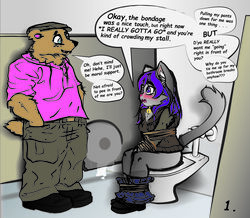 1boy 1girls absurd_res anthro anthro_only ass bathroom bathroom_control being_watched bondage bottomless bottomless_female bound clothed clothing coybear desperation dewvox domestic_cat duo felid feline felis female full_bladder furry furry_only hair hands_in_pockets hat headgear headwear hi_res looking_at_another male male/female mammal nervous omorashi peeing pink_clothing pink_shirt pink_topwear public_restroom purple_hair restroom_stall shirt sitting_on_toilet speech_bubble standing toilet toilet_paper toilet_use topwear ursid