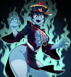 1girls 2021 areolae aura breasts chinese_clothes female female_only jiangshi jude_(suoiresnu) looking_at_viewer nipples original original_character solo suoiresnu thighhighs very_short_hair