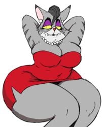 adult_swim anthro big_breasts cat_humanoid chubby_female eyeliner grey_fur larger_female learning_with_pibby makeup melira_(pibby) red_dress thick_thighs