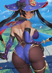 1girls ariverkao ass ass_focus big_ass clothed clothing female genshin_impact looking_at_viewer mona_(genshin_impact) sideboob solo tagme