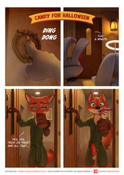 alcohol animal_genitalia animal_penis anthro balls bathrobe beverage blush canid canine canine_penis clothed clothing comic container cup dialogue digital_media_(artwork) disney door doorbell drinking english_text erection fake_horns female fox fur genitals green_eyes group halloween halloween_costume halo holidays horn jack_savage judy_hopps knot kotyami lagomorph leporid male mammal nick_wilde orange_body orange_fur outside page_1 penis rabbit robe splashes text wine zootopia