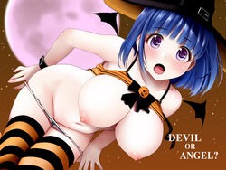 black_bow black_bowtie blue_hair blush bow bowtie breasts duplicate female full_moon halloween halloween_costume hat kaitou_tenshi_twin_angel kannazuki_aoi kozue_akari large_breasts looking_at_viewer medium_hair moon navel nipples no_bra open_mouth orange_camisole orange_legwear orange_sky panties pixel-perfect_duplicate purple_eyes sky solo spaghetti_strap striped striped_legwear thighhighs twin_angel underwear undressing white_panties wide-eyed wings witch_hat