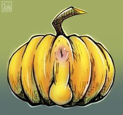 2021 absurd_res anus backsack balls dated food fruit genitals gradient_background halloween hi_res holidays inanimate_object juwunipur male male/male perineum pink_anus plant pumpkin simple_background