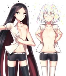 2017 abs ambiguous_gender androgynous belt big_eyebrows black_eyes black_hair black_legwear black_shorts bort_(land_of_the_lustrous) dadam_i diamond_(land_of_the_lustrous) dressing flat_chest flat_chested gradient_eyes gradient_hair houseki_no_kuni humanoid land_of_the_lustrous leggings light_skin long_hair looking_at_viewer rocks shirt short_eyebrows short_hair shorts simple_background small_breasts small_waist sparkles stare suit suprised teenager thick_eyebrows two_tone_hair unhappy very_long_hair white_background white_legwear white_suit young young_woman