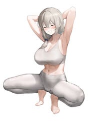 1girls 2021 armpits arms_behind_head arms_up barefoot blush breasts cleavage closed_eyes female female_focus female_only greem_bang grey_hair hi_res hips huge_breasts long_hair mature_female milf mother side_ponytail simple_background slim_waist smile sports_bra sportswear squatting thick_thighs thighs uzaki-chan_wa_asobitai! uzaki_tsuki white_background wide_hips workout_clothes yoga_pants