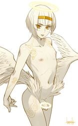 1boy angel angel_wings bob_cut body_markings femboy flaccid girly gold_eyes hairband halo hi_res hip_wings kuroino_(0kuro8ino6) light_blush looking_at_viewer male male_only medium_hair nipples nude nude_male penis platinum_end solo solo_male white_background white_hair white_skin wings