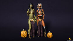 0biwanken0bie 2girls 3d ahsoka_tano arm_tattoo armlet aurebesh background bare_legs barriss_offee black_hair black_socks blue_eyes boots bowl bra bracelet candy candy_bowl chains clone_wars closed_mouth clothed clothed_female clothing collar eyebrows eyelashes facial_markings female female_only footwear fully_clothed green_skin halloween hand_holding hand_tattoo happy jack-o'-lantern kneehighs levitation lipstick loincloth long_hair long_nails looking_at_viewer magic magic_user mirialan multiple_girls nail_polish navel open_eyes orange_skin parted_lips pumpkin purple_nails ring science_fiction shiny_hair shoes simple_background skinny slave slave_bikini slave_outfit smile socks standing star_wars stomach tattoo teeth telekinesis tentacle tentacle_hair the_clone_wars:_season_one the_force thighs togruta violet_background violet_clothing violet_lipstick