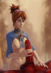 3d 3d_(artwork) blender blender_(software) brown_hair cute dark-skinned_male dota dota_2 dzooworks fit_female handjob large_penis marci muscular_female partially_clothed perky_breasts pov pussy short_hair small_breasts smile smiling straight teasing valve video_games yellow_eyes