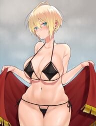 ahoge armpit_crease ass_visible_through_thighs bare_shoulders blonde_hair blue_eyes cameltoe collarbone covered_nipples female female_pubic_hair hair_between_eyes hato_yu-ki highres holding huge_ahoge looking_at_viewer navel original parted_lips pubic_hair pubic_hair_peek shiny shiny_skin short_hair skindentation solo steam steaming_body twitter_username