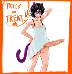 1futa balls big_penis black_hair bleach bottomless breasts clothed clothing dress erection futa_only futanari hairband halloween huge_balls huge_cock human kuchiki_rukia light-skinned_futanari light_skin mostly_clothed pale_skin penis precum precum_drip short_hair solo standing trick_or_treat wickedx