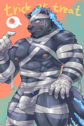 1boy anthro black_nose blue_body blue_fur blush bulge canid canine canis clothing costume english_text fur furlong_(live-a-hero) genitals halloween hi_res holidays humanoid_genitalia humanoid_penis live-a-hero male male_only mammal markings mummy_costume muscular muscular_anthro muscular_male nipples penis simple_background solo speech_bubble standing text video_games weedwolfeatmeat wolf yellow_eyes