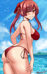 1girls 2021 ass ass_focus breasts cawfield dat_ass female female_focus female_only hair_ribbon heterochromia hololive hololive_fantasy hololive_japan houshou_marine looking_at_viewer red_bikini red_bikini_bottom red_bikini_top red_eye red_hair seaside side_view sideboob smile smiling solo solo_female solo_focus standing sweatdrop twintails virtual_youtuber water water_drop yellow_eye