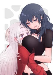 2girls blue_eyes blush breast_smother byleth_(fire_emblem) byleth_(fire_emblem)_(female) edelgard_von_hresvelg embarrassed fire_emblem fire_emblem:_three_houses head_between_breasts hug huge_breasts long_hair medium_hair multiple_girls nagasawa_(tthnhk) nintendo post-timeskip shy smile teal_hair white_hair yuri