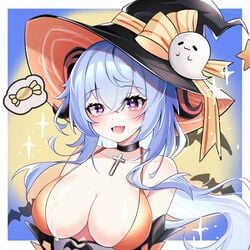 1girls adeptus barely_contained big_breasts blue_hair blush breasts choker cum cum_on_breasts ganyu_(genshin_impact) genshin_impact halloween heart-shaped_pupils horns purple_eyes qilin saliva tight_clothing witch_costume witch_hat