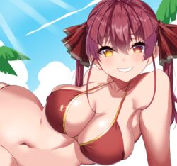 1girls 2021 bare_shoulders belly big_breasts bikini bikini_top breasts cleavage collarbone covered_nipples eyebrows eyebrows_visible_through_hair eyelashes female female_focus female_only for-somebody hair_ribbon hololive hololive_fantasy hololive_japan houshou_marine looking_at_viewer navel red_bikini red_bikini_top red_eye red_hair smile smiling solo solo_female solo_focus twintails upper_body virtual_youtuber yellow_eye