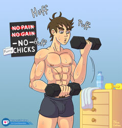 abs blueumbra boxers_(clothing) brown_hair dumbbell eyebrows furniture grey_eyes human muscles nipples oc pecs poster pubic_hair signature simple_background solo solo_male sweat sweating text towel water_bottle watermark william_(blueumbra) workout