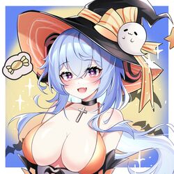 1girls adeptus artist_request barely_contained big_breasts blue_hair blush breasts choker ganyu_(genshin_impact) genshin_impact halloween heart-shaped_pupils horns purple_eyes qilin tight_clothing witch_costume witch_hat