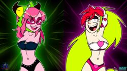 2girls animated arms_behind_head arms_up big_breasts bikini bikini_top bouncing_breasts breasts correct_artstyle dancing demencia female females females_only happy hips large_breasts me!me!me!_dance meme miss_heed_(villainous) navel on_model open_mouth swimsuit swinging_breasts uzzi-ponydubberx villainous