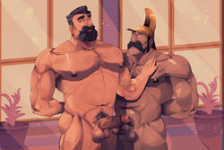 2boys balls beard camill chest_hair cowboy_shot disney erection facial_hair feet_out_of_frame gay hand_on_chest hands_behind_back helmet highres king_frederic male male_nipples male_only moustache musclegut mustache nude pecs penis penis_size_difference penises_touching potted_plant pubic_hair royal_guard royalty stan_(tangled) tangled window