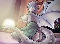 1girls 2021 ass bedroom big_breasts blue_eyes borrowed_character breasts choker claws covered_nipples dragon dragon_girl dragon_horns dragon_wings horns jacket janus_jammy looking_at_viewer monster_girl scalie tagme tail unknown_character wings