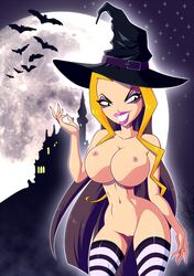 1girls 4kids_entertainment areolae big_breasts breasts darcy_(winx_club) eyeshadow female female_only green_hair halloween innie_pussy lipstick long_hair makeup nickelodeon nipples rainbow_(animation_studio) smile solo striped_legwear the_trix thighhighs thin_waist topless voluptuous wide_hips winx_club witch_hat yellow_eyes zfive