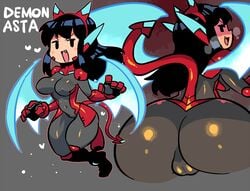 1girls ass asta_(crap_man) asta_rindo big_breasts bodysuit breasts crap-man cute demon demon_girl demon_horns demon_wings female female_only huge_ass looking_back mob_face solo thick_ass tight_clothing